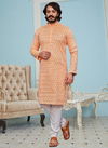 Orange Colour Heavy Traditional Wear Art Silk Lucknowi Work Kurta Pajama Mens Collection 39008